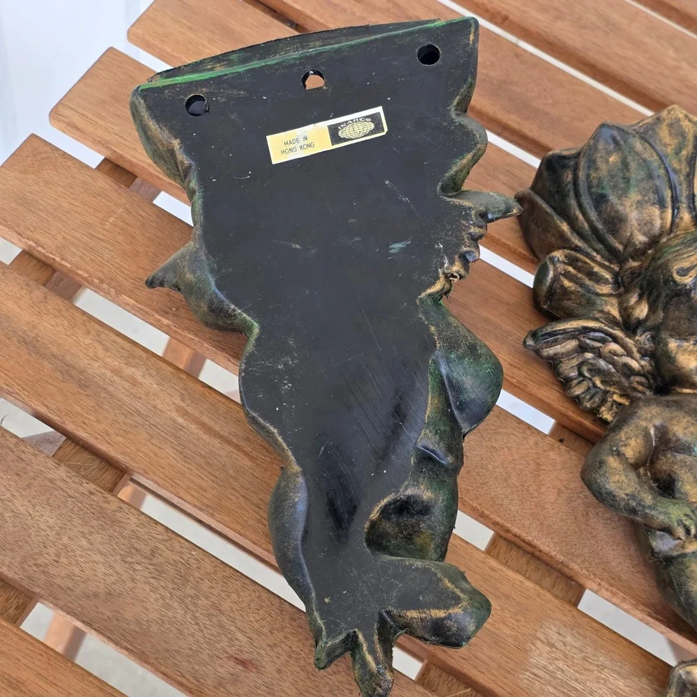 Vtg Inarco Cherub Wall Pocket Set Gold Winged Angel Planter light weight patina